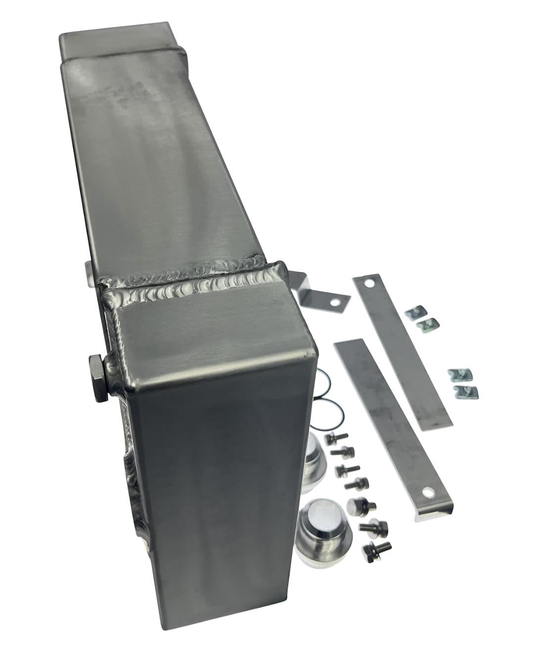JackSpania Racing half size compact drag coolant radiator with 4-row core, 16AN fittings, and tucked design for engine cooling.