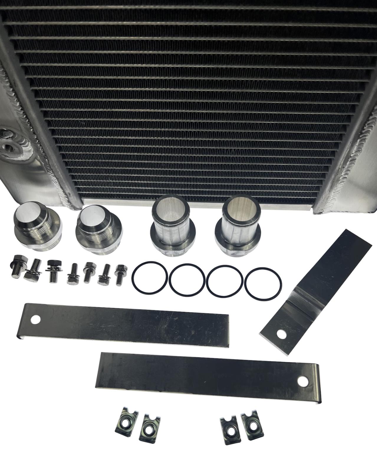 JackSpania Racing half size compact drag coolant radiator with 1.25" 16AN fittings and 4-row core for engine cooling.