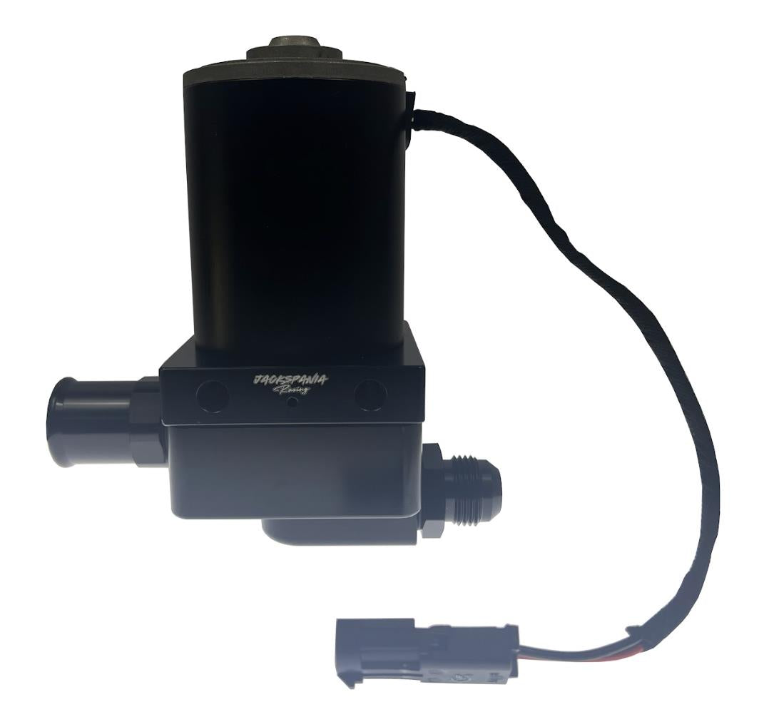 Universal High Flow Inline Electric Water Pump by JackSpania Racing with 20 GPM and 12AN ports for engine cooling and fluid transfer.