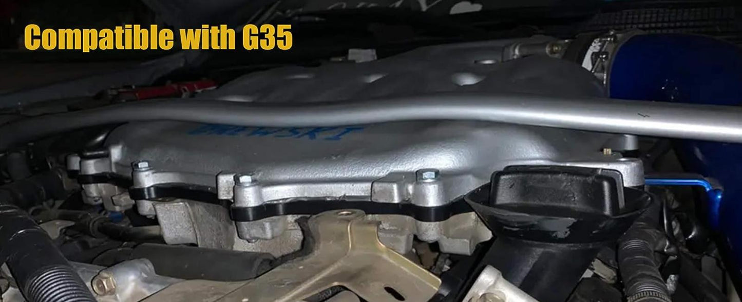 Engine intake manifold plenum spacer for Nissan 350Z Infiniti G35 VQ35 engine, by JackSpania Racing, showing the metal component.