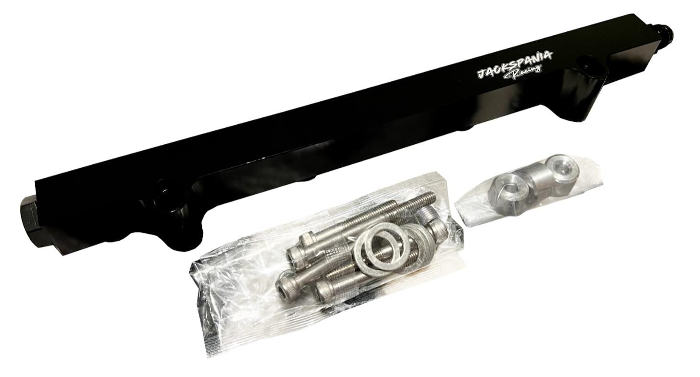 JackSpania Racing billet fuel rail for VW Audi MK4 Golf Jetta Beetle A4 GTI GLI 1.8T engine parts, shown in detailed view.