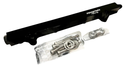 JackSpania Racing billet fuel rail for VW Audi MK4 Golf Jetta Beetle A4 GTI GLI 1.8T engine parts, shown in detailed view.