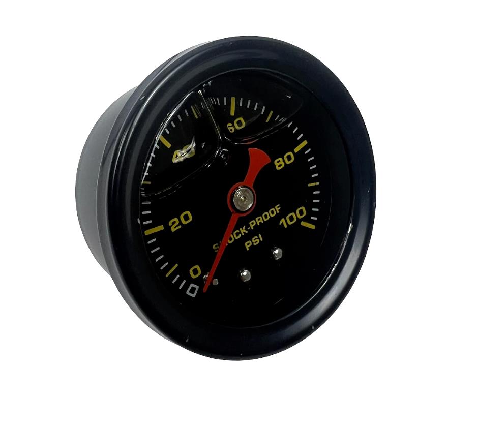 JackSpania Racing universal shockproof fuel pressure gauge showing 0-100 PSI for engine fuel pressure monitoring.