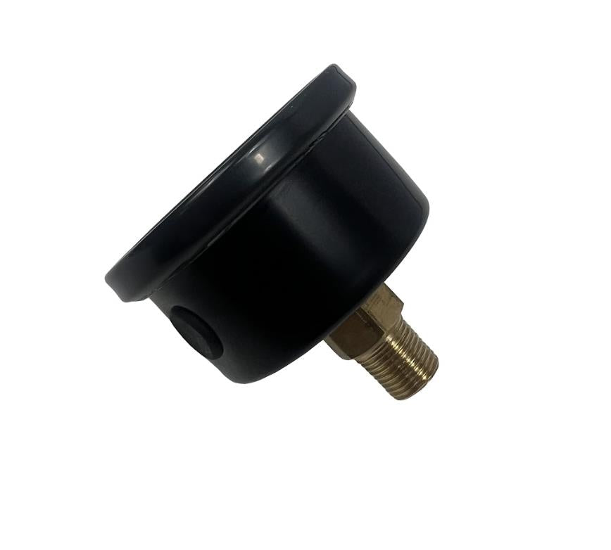 Universal shock-proof fuel pressure gauge by JackSpania Racing, showing 0-100 PSI with a clear dial for engine monitoring.
