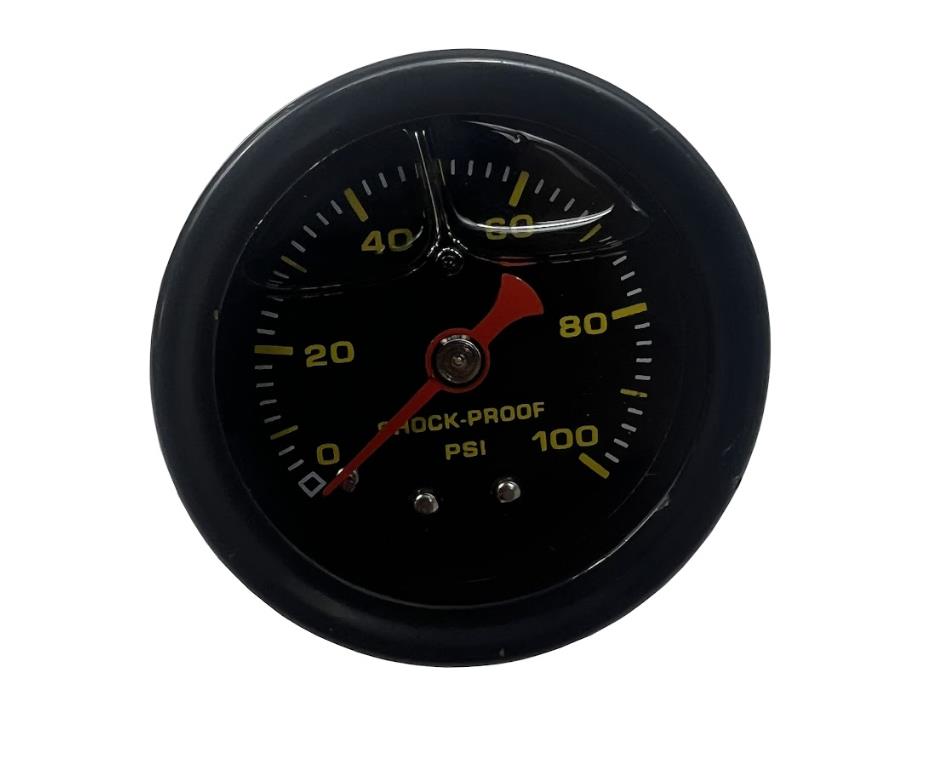 JackSpania Racing universal shock proof fuel pressure gauge displaying 0-100 PSI for engine fuel pressure monitoring.