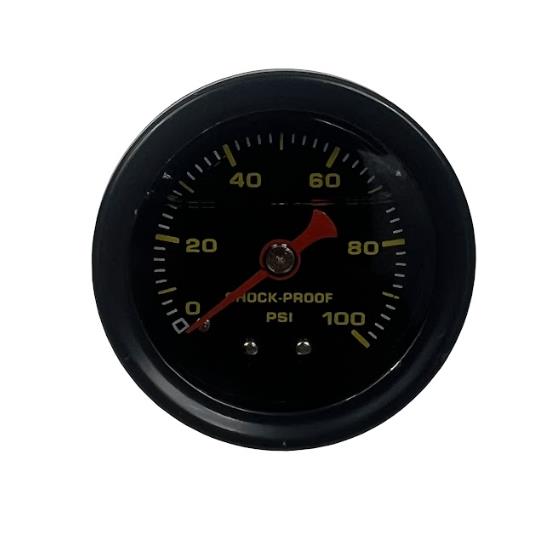 Universal shock proof fuel pressure gauge by JackSpania Racing showing a 0-100 PSI dial for engine fuel pressure monitoring.