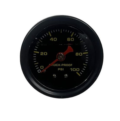 Universal shock proof fuel pressure gauge by JackSpania Racing showing a 0-100 PSI dial for engine fuel pressure monitoring.