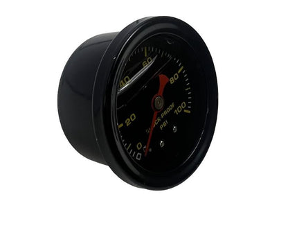 Universal shock-proof fuel pressure gauge by JackSpania Racing, showing 0-100 PSI, designed for engine fuel pressure monitoring.