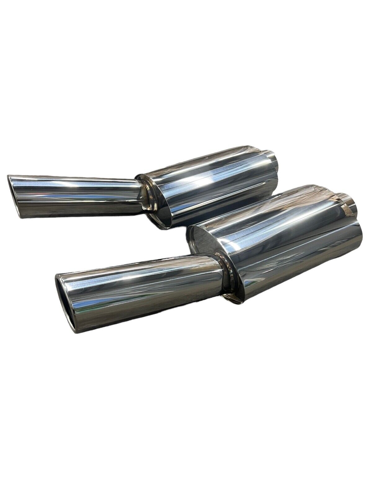 JackSpania Racing Fireball Mega Blastpipe muffler VIP tip with dual 2.5” and 3” exhaust tips, showing left and right side details