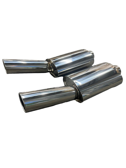 JackSpania Racing Fireball Mega Blastpipe muffler VIP tip with dual 2.5” and 3” exhaust tips, showing left and right side details