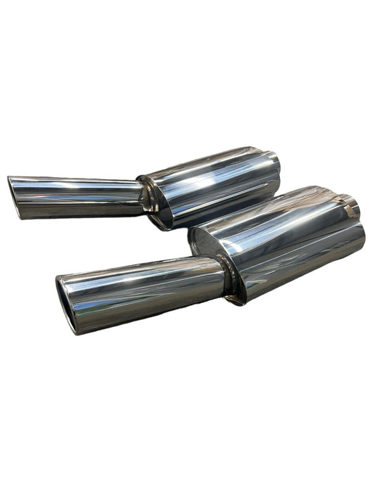 JackSpania Racing Fireball Mega Blastpipe muffler VIP tip with dual 2.5” and 3” exhaust tips, showing left and right side details