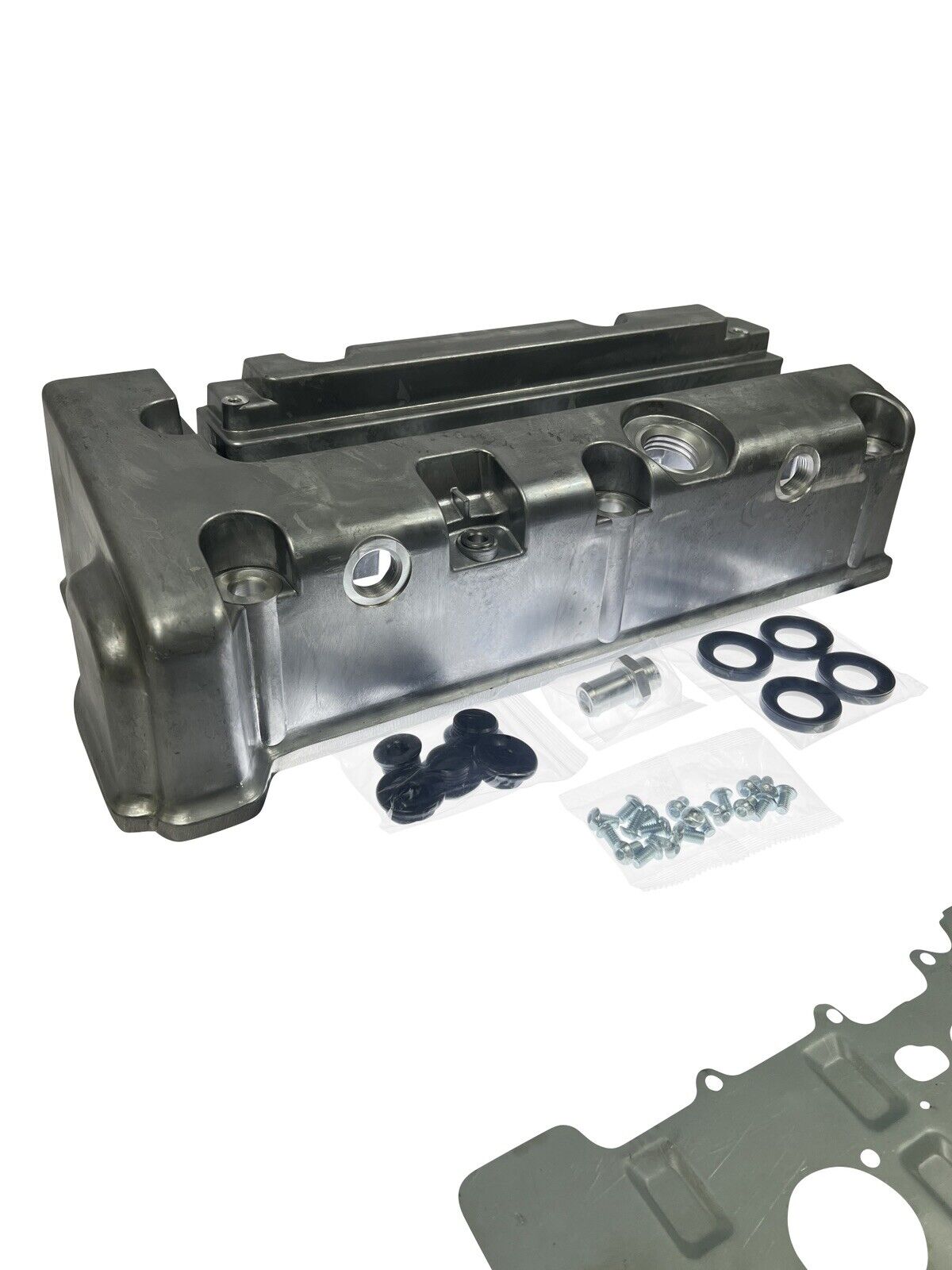 Cast aluminum K Series vented valve cover baffle for Honda Acura K20 K24 engines by Jack Spania Racing, featuring AN10 fittings.