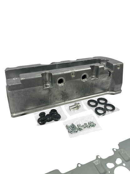 Cast aluminum K Series vented valve cover baffle for Honda Acura K20 K24 engines, with AN10 fitting from Jack Spania Racing.