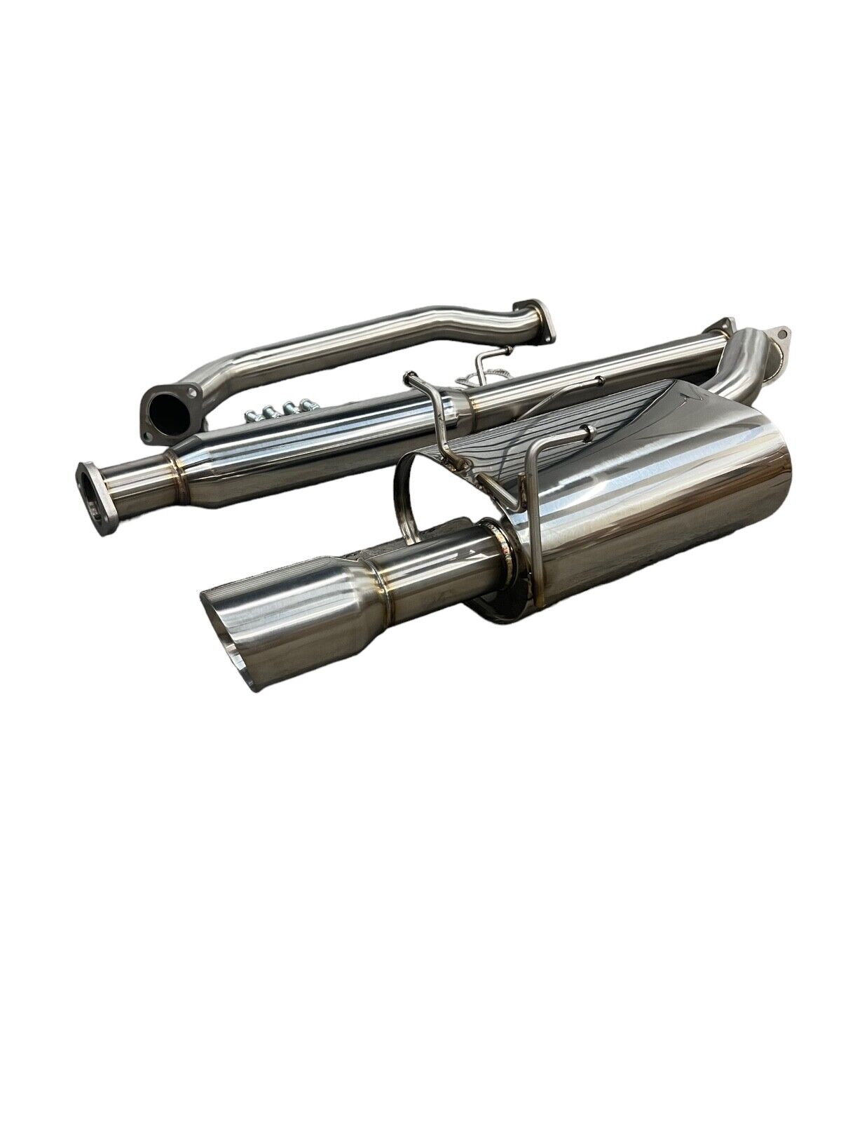Stainless steel 2.5-inch exhaust system muffler for 2007-2011 Honda CR-V by JackSpania Racing, showing the muffler and exhaust pipes.