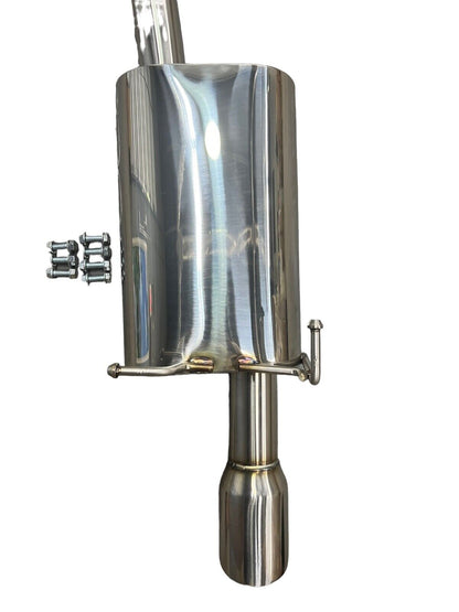 Stainless steel 2.5-inch exhaust system muffler for 2007-2011 Honda CR-V, installed on a CR-V vehicle, by JackSpania Racing.