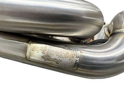 JackSpania Racing K20 K24 top mount manifold with 44mm wastegate, compatible with AWD and FWD T3 T4 turbo setups.