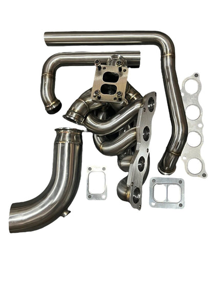 JackSpania Racing K20 K24 top mount manifold with 44mm wastegate and dump tube, suitable for AWD and FWD T3 T4 turbo setups.