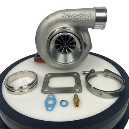 JackSpania Racing GT35 GTX3582 billet wheel turbo with T4 V-band turbine housing and T51R mod for engine performance.
