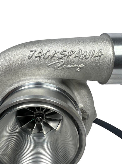 JackSpania Racing GT35 GTX3582 billet wheel turbo with T4 V-band turbine housing and T51R mod for engine performance.