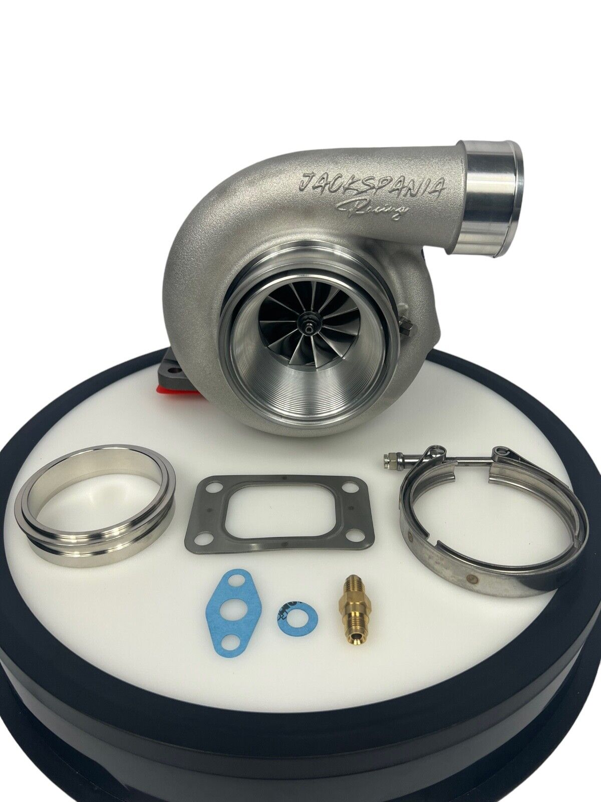 JackSpania Racing GT35 GTX3582 billet wheel turbocharger with T3 V-band turbine and .63 A/R T51R exhaust turbine for high performance engines.