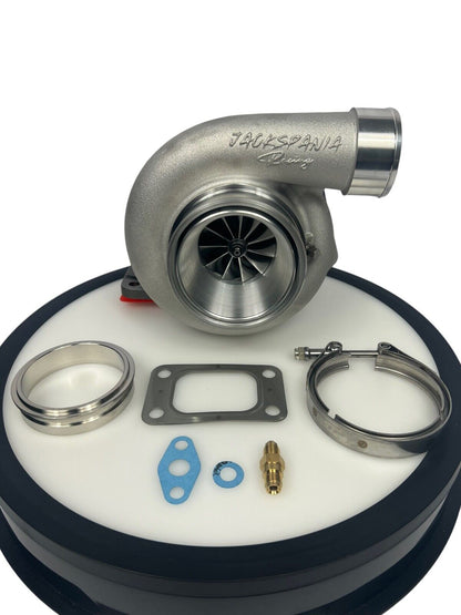 JackSpania Racing GT35 GTX3582 billet wheel turbocharger with T3 V-band turbine and .63 A/R T51R exhaust turbine for high performance engines.