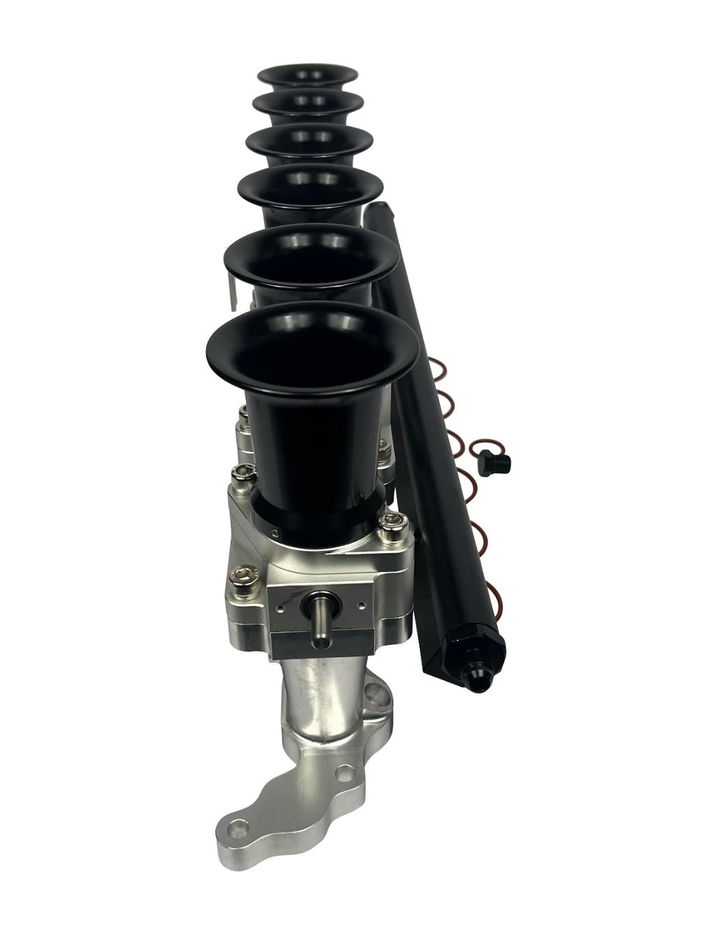 JackSpania Racing 2JZGE intake manifold with individual throttle bodies and fuel rail for engine performance.