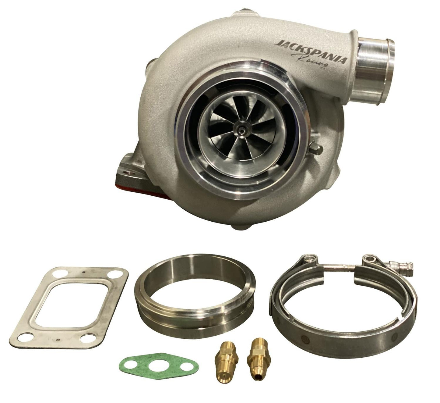 Gen 2 GT3076 GTX30 turbo billet wheel with T3 flange and V-band, designed for high-performance engine upgrades by JackSpania Racing.
