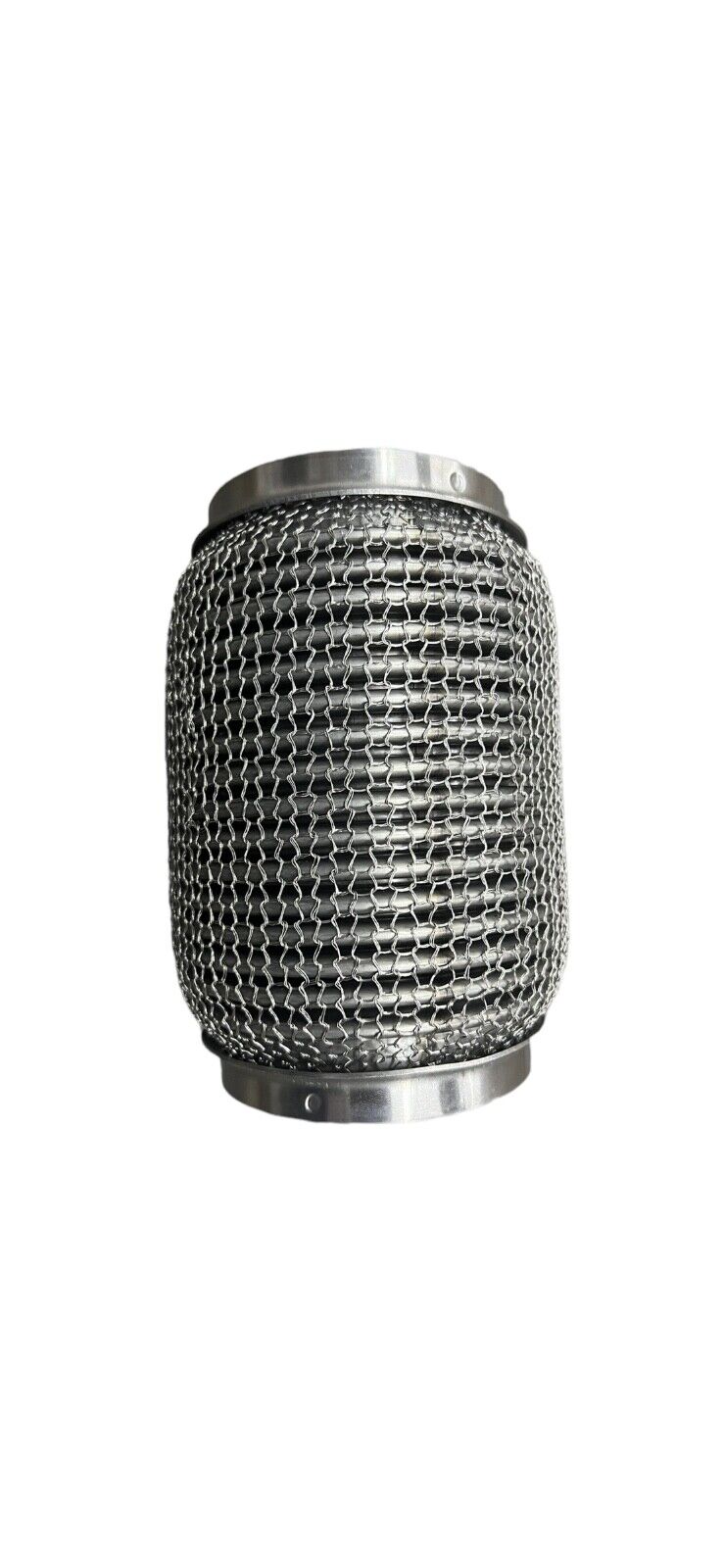 Stainless steel 3-inch OD exhaust flex pipe with interlock chain, 5.75-inch length, for engine performance by JackSpania Racing.