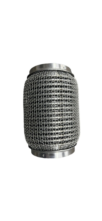 Stainless steel 3-inch OD exhaust flex pipe with interlock chain, 5.75-inch length, for engine performance by JackSpania Racing.
