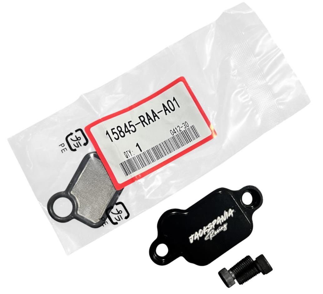 JackSpania Racing billet aluminum K Series VTC oil filter baffle strainer assembly for engine oil filtration and flow control.