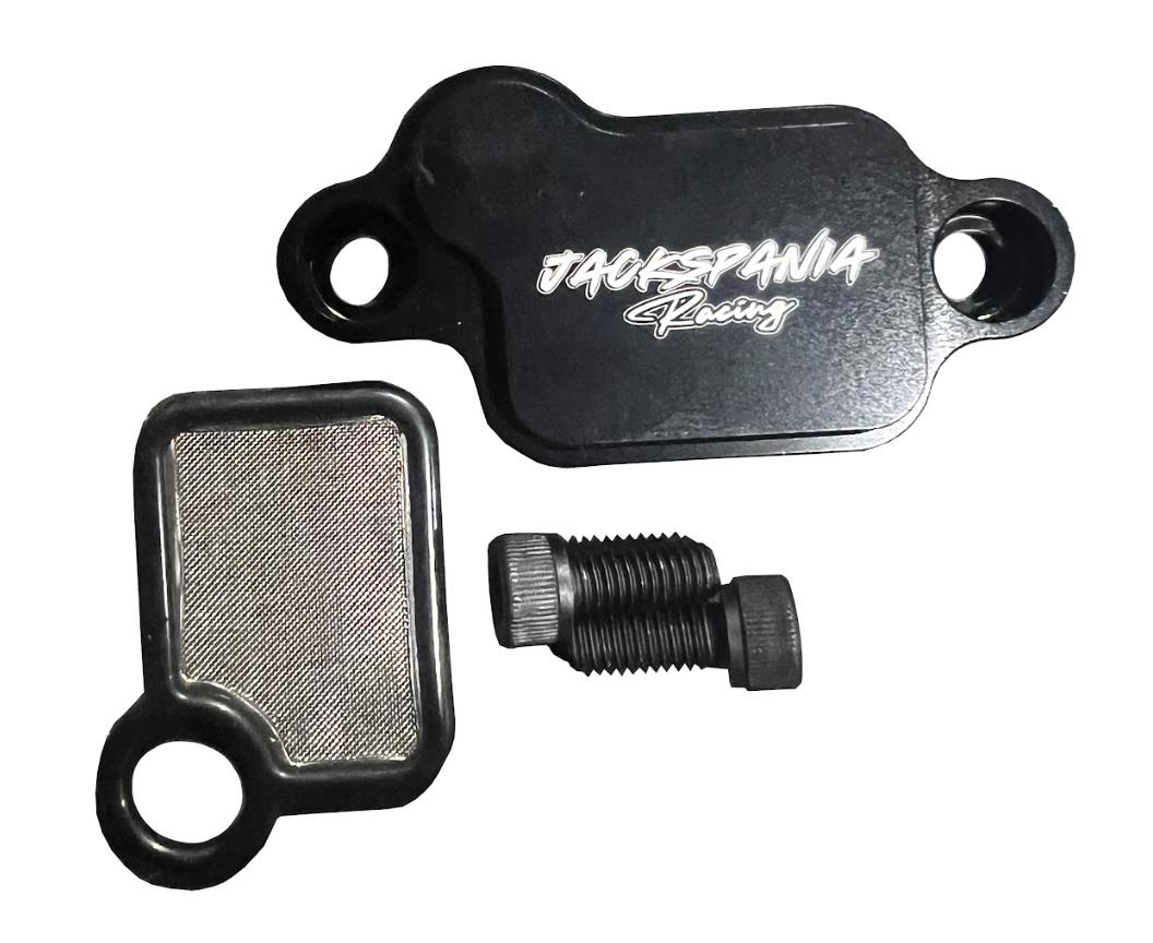 JackSpania Racing billet aluminum K Series VTC oil filter baffle strainer assembly for engine oil filtration and flow control.