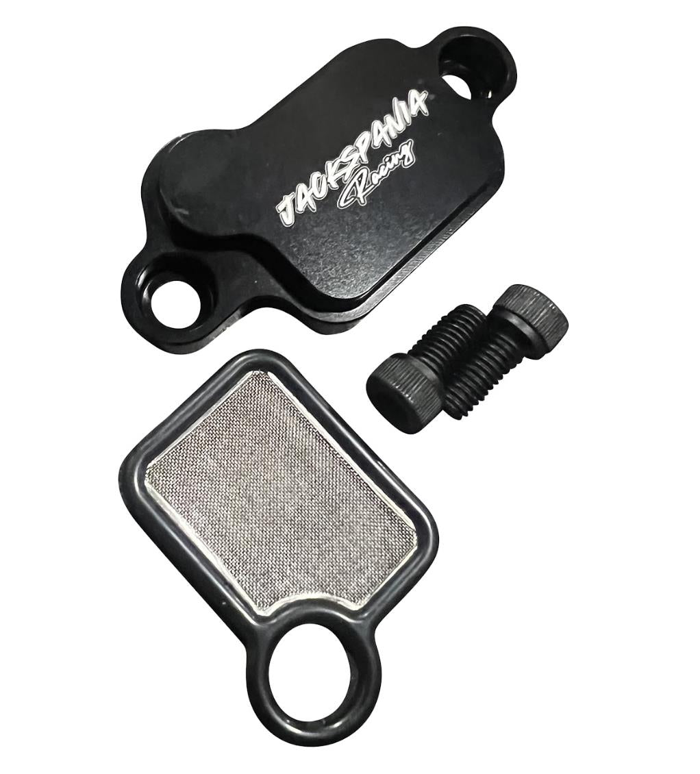 JackSpania Racing billet aluminum K Series VTC oil filter baffle strainer assembly for engine oil filtration and flow management.