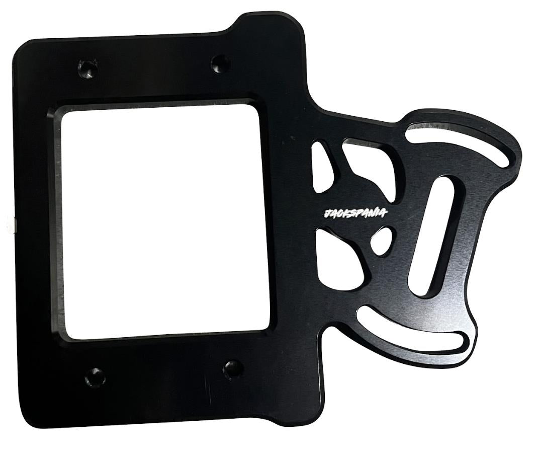 Billet aluminum staging brake mounting plate for B & D series engine, by JackSpania Racing, shown with mounting holes and polished finish.