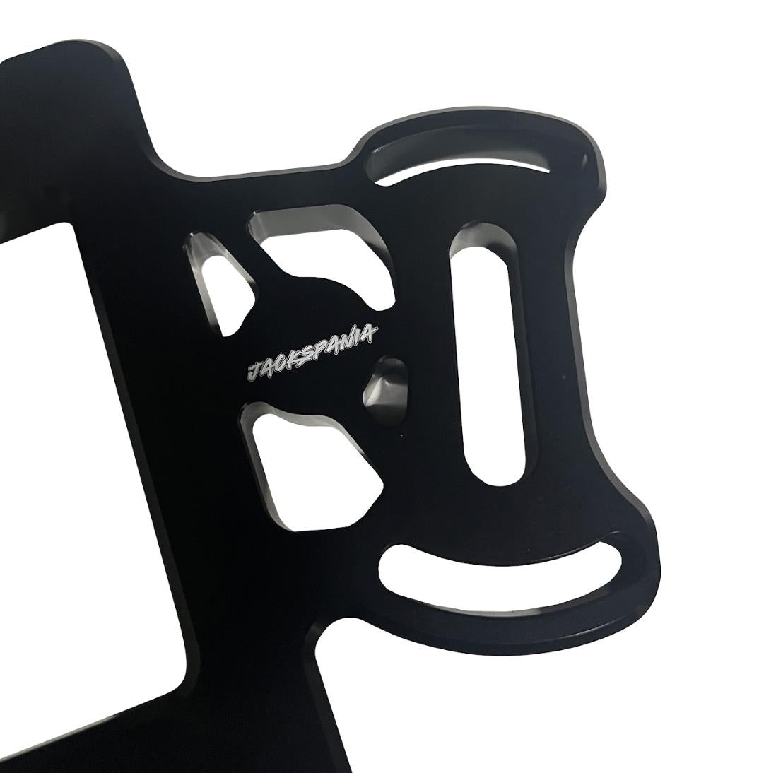 Billet aluminum staging brake mounting plate for B & D series engine, made by JackSpania Racing, with detailed machining visible.