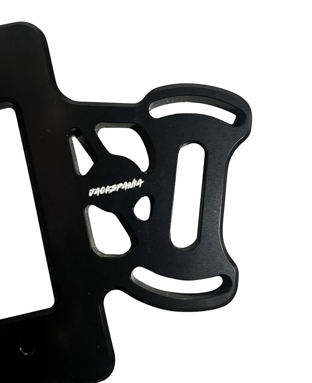 Billet aluminum staging brake mounting plate for B & D series engines by JackSpania Racing, displaying precise machining and mounting holes.