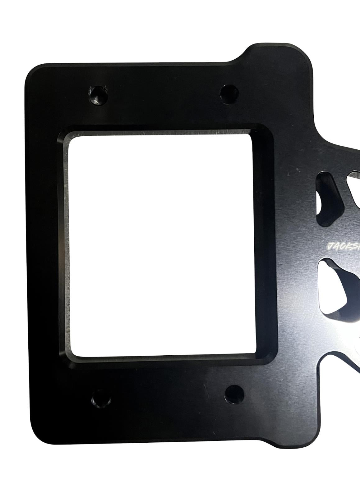 Billet aluminum staging brake mounting plate for B & D series engine, designed by JackSpania Racing, with precise mounting features.