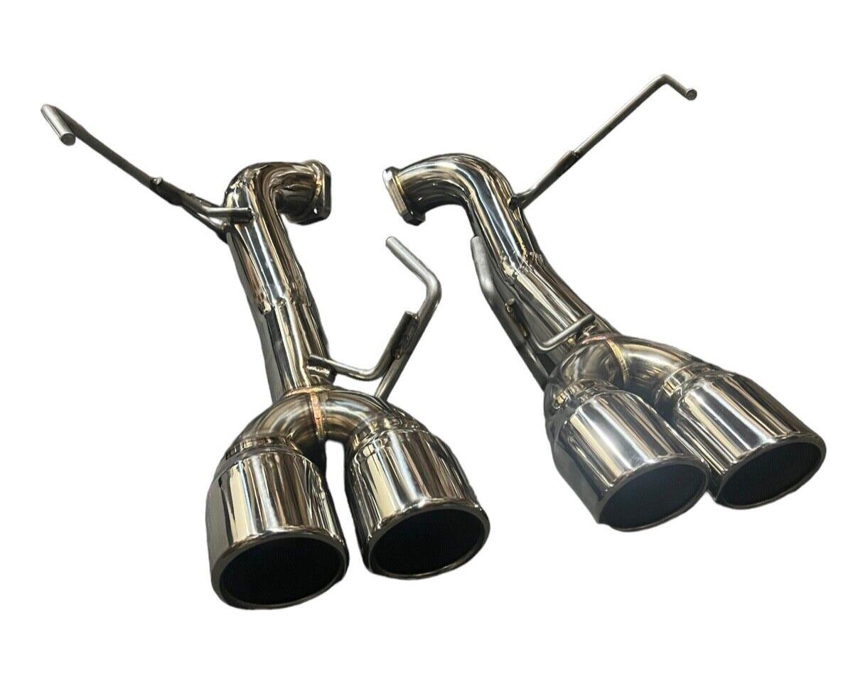 Stainless steel axle back delete exhaust muffler for Subaru WRX by JackSpania Racing, showing the polished exhaust tip and pipe.