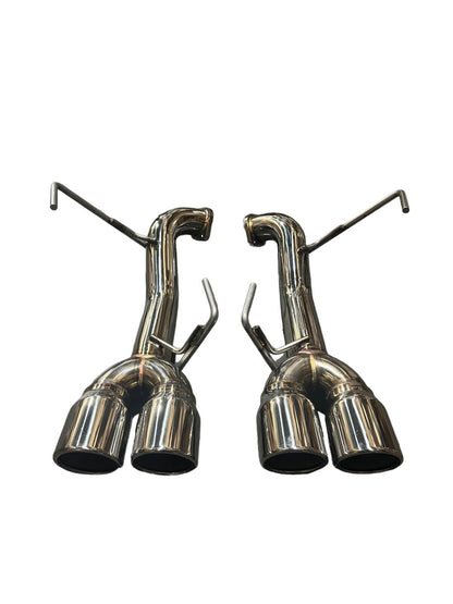 Stainless steel axle back delete exhaust muffler for Subaru WRX from JackSpania Racing, showing the sleek, polished metal design.