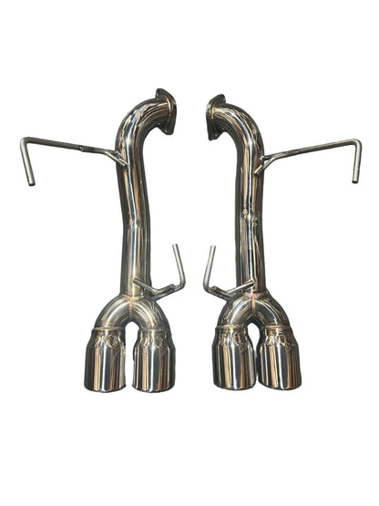Stainless steel axle back delete exhaust muffler for Subaru WRX by JackSpania Racing, showing the sleek exhaust pipe and muffler details.