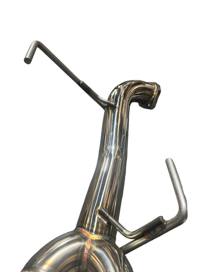 Stainless steel axle back delete exhaust muffler for Subaru WRX by JackSpania Racing, showing the sleek exhaust pipe and muffler details.