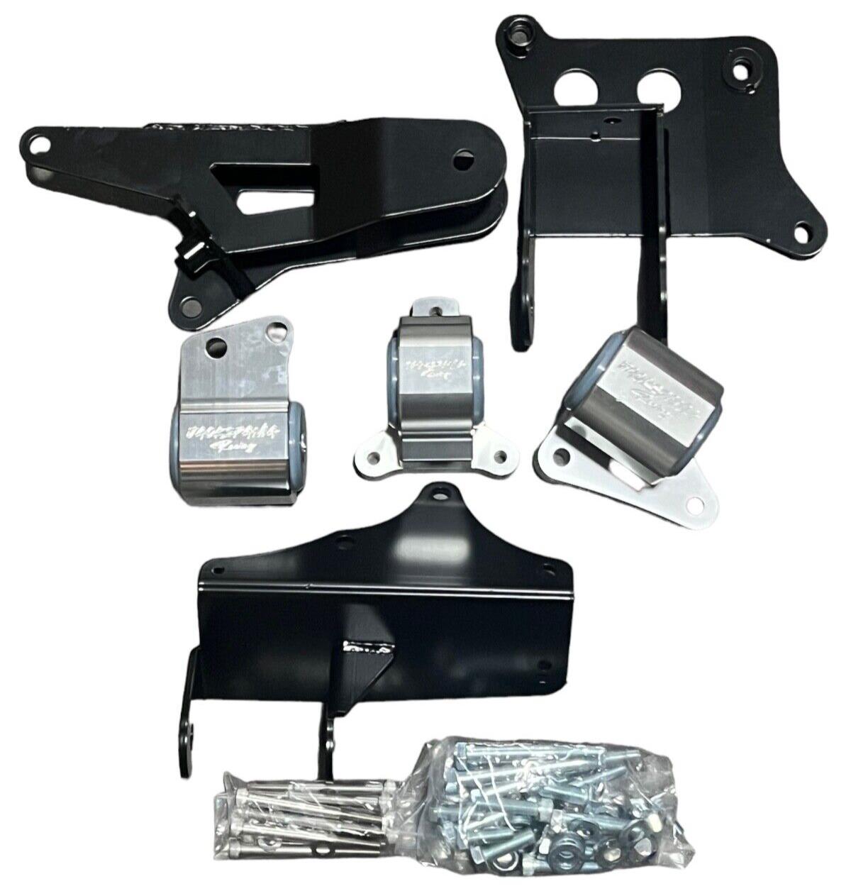 JackSpania Racing K Series K20 K24 engine mount kit for Honda Civic EM2, ES, ESK4, and TSX, showing mounted engine parts.