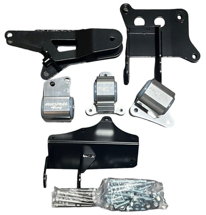 JackSpania Racing K Series K20 K24 engine mount kit for Honda Civic EM2, ES, ESK4, and TSX, showing mounted engine parts.