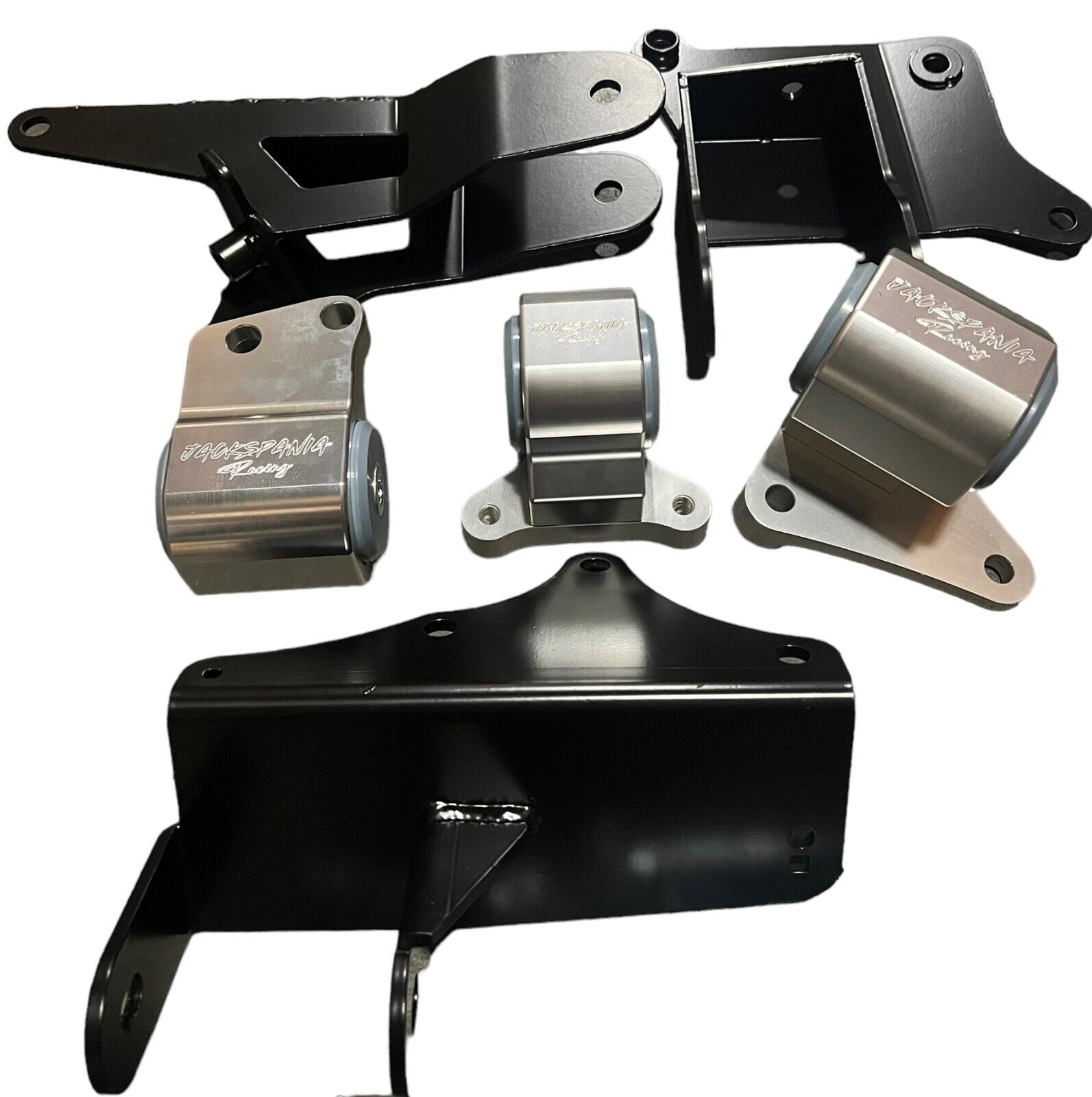 JackSpania Racing K Series K20 K24 engine mount kit for 2001-2005 Honda Civic EM2, ES, and TSX, showing mounted engine parts.