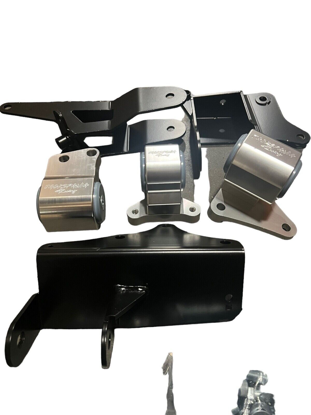 JackSpania Racing K Series K20 K24 engine mount kit for Honda Civic EM2, ES, ESK4, and TSX, showing mounted engine components.