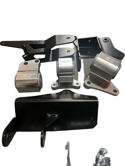 JackSpania Racing K Series K20 K24 engine mount kit for Honda Civic EM2, ES, ESK4, and TSX, showing mounted engine components.