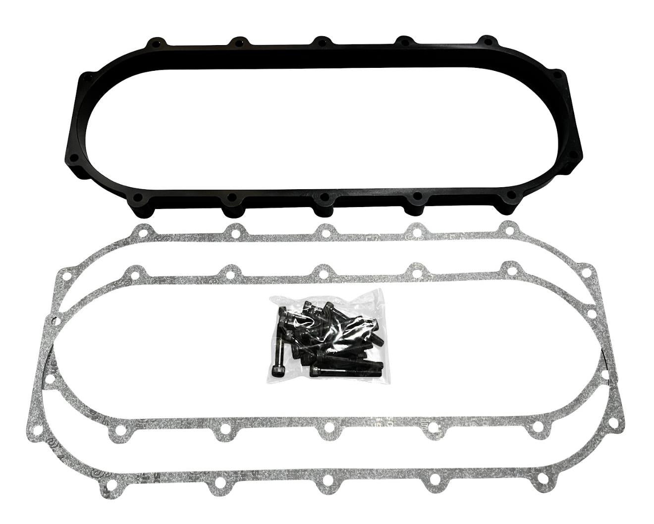 JackSpania Racing billet 0.5L plenum spacer plate for Skunk2 Ultra Street intake manifold on engine part, detailed metal component.