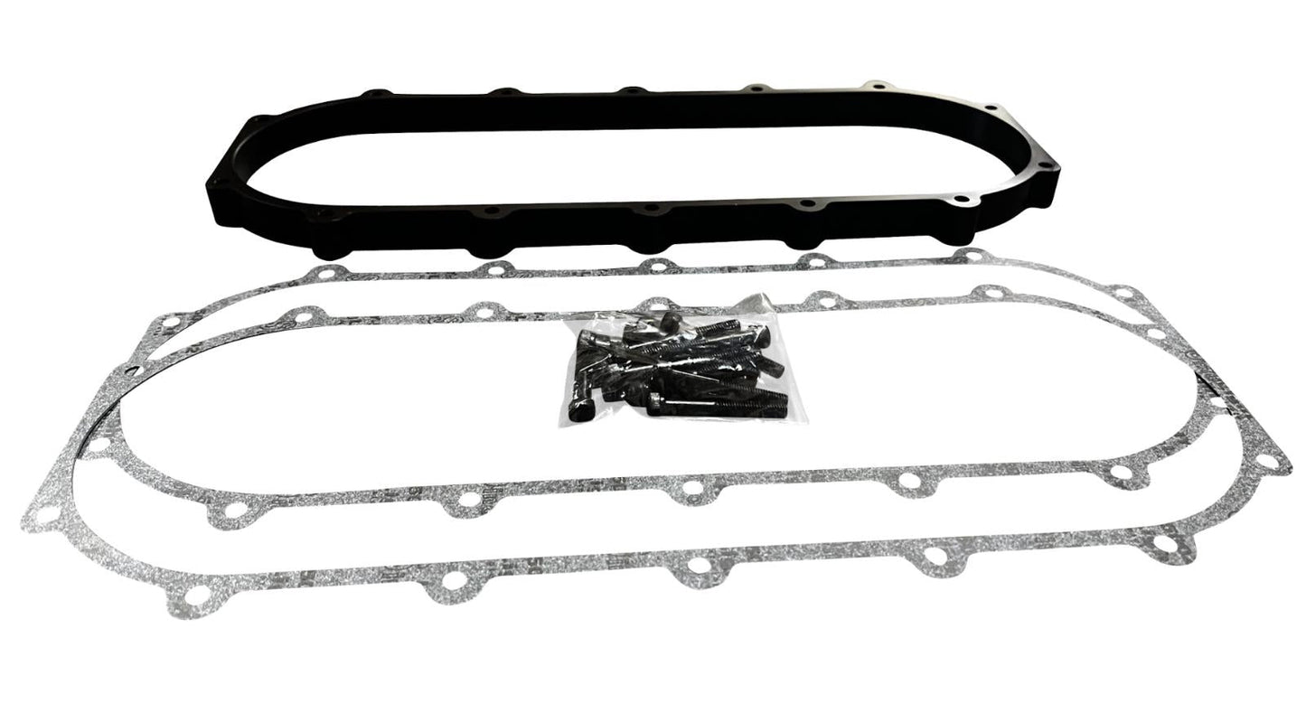 JackSpania Racing billet 0.5L plenum spacer plate for Skunk2 Ultra Street intake manifold on engine parts display