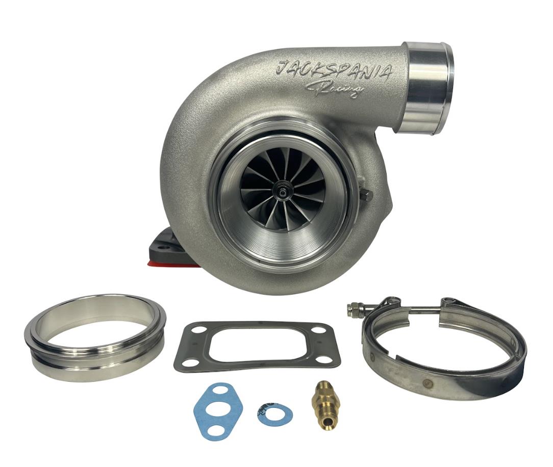 JackSpania Racing GT35 GTX3584RS billet wheel turbo with T51R mod turbine housing and .82 A/R T3 V-band connection, engine part.