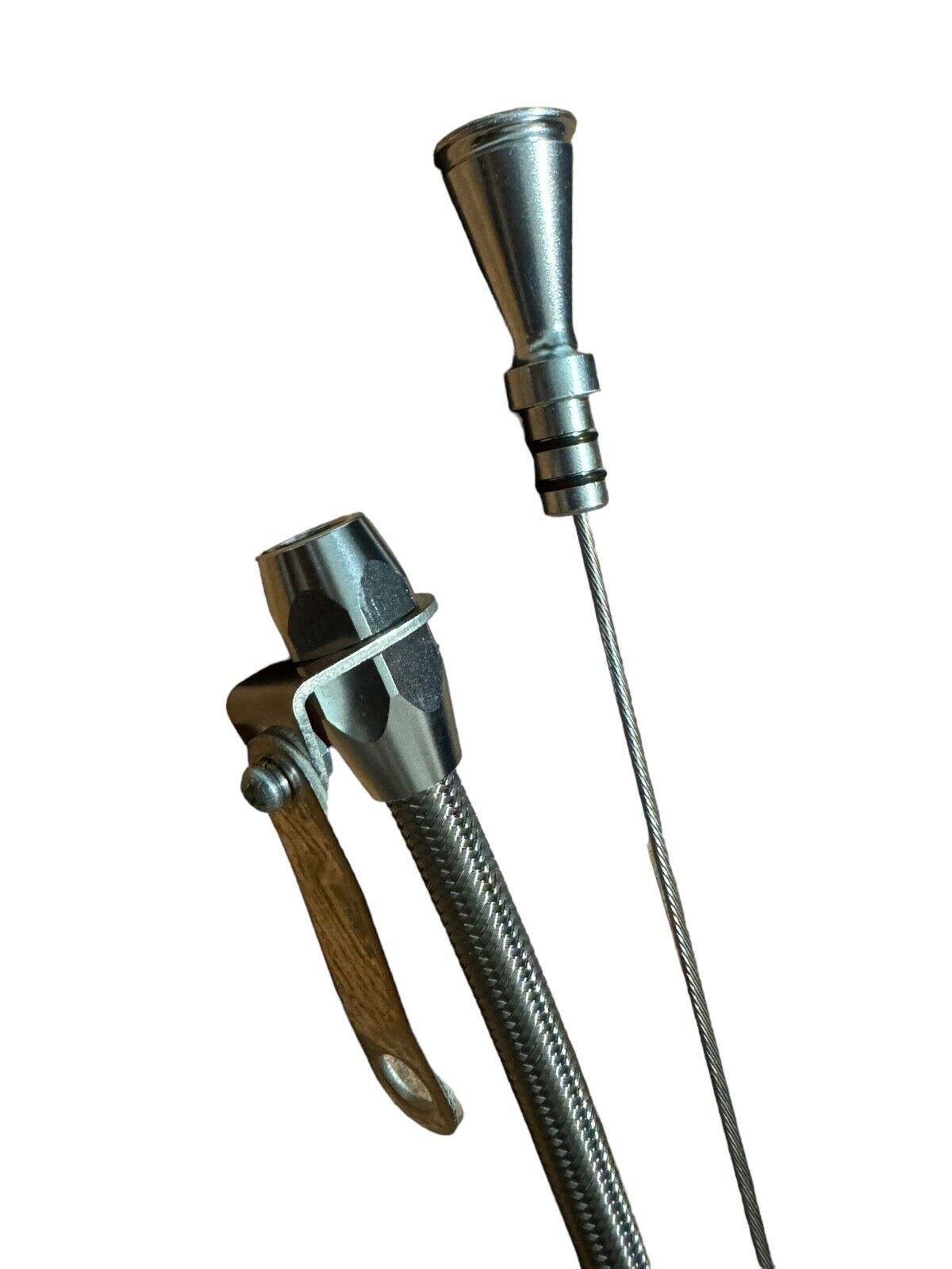 Steel braided oil dipstick for JZ engine swap, billet aluminum construction, compatible with 1JZ and 2JZ engines by JackSpania Racing.