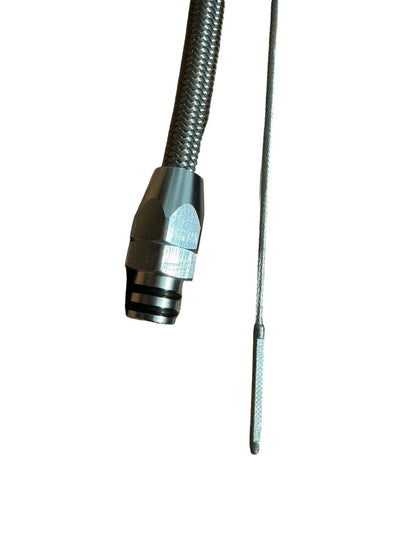 JackSpania Racing billet aluminum JZ engine steel braided oil dipstick for 1JZ and 2JZ Supra engine swaps, showing detailed metal construction.